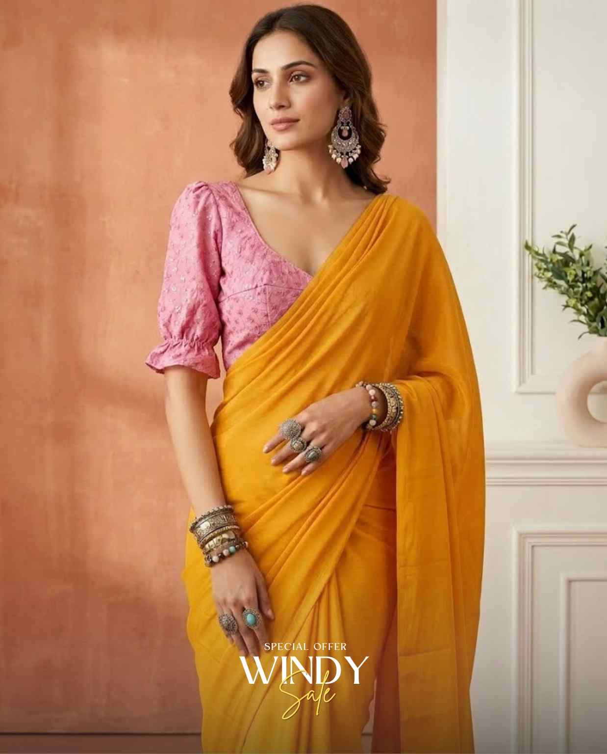Georgette saree and long puff sleeve jacket - Image 2