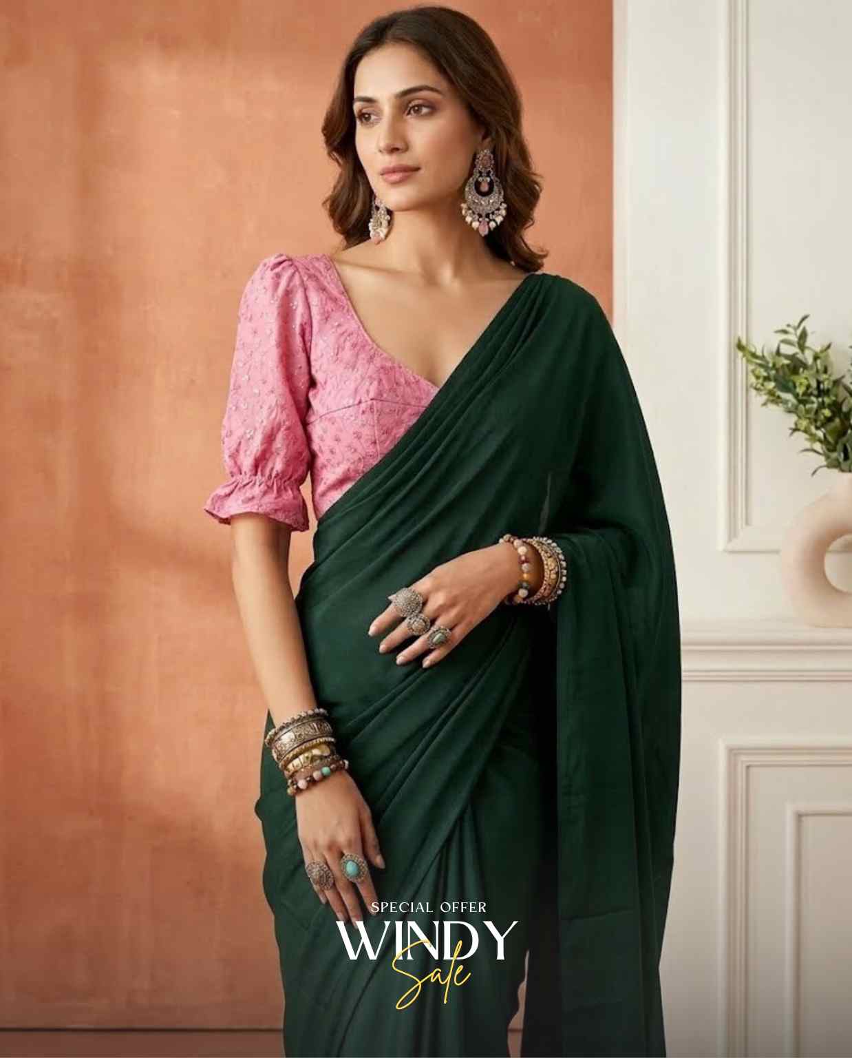 Georgette saree and long puff sleeve jacket - Image 3