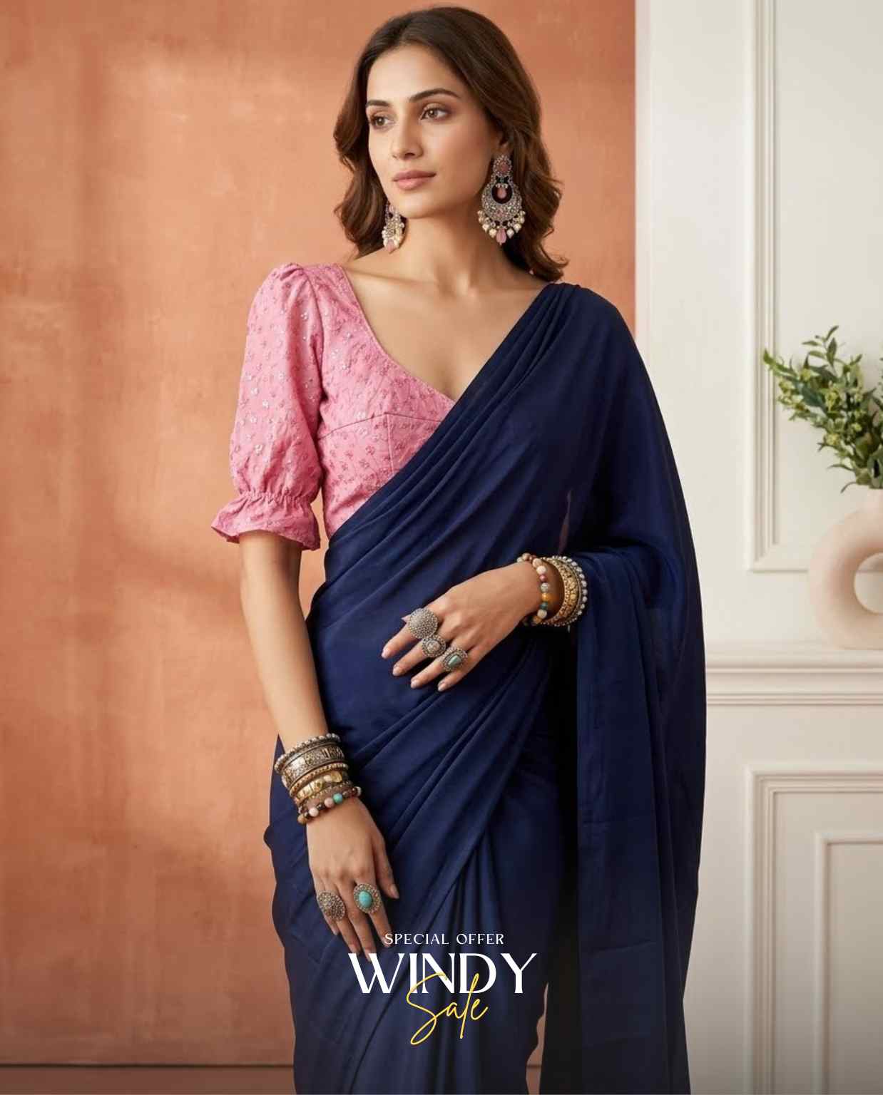 Georgette saree and long puff sleeve jacket - Image 8