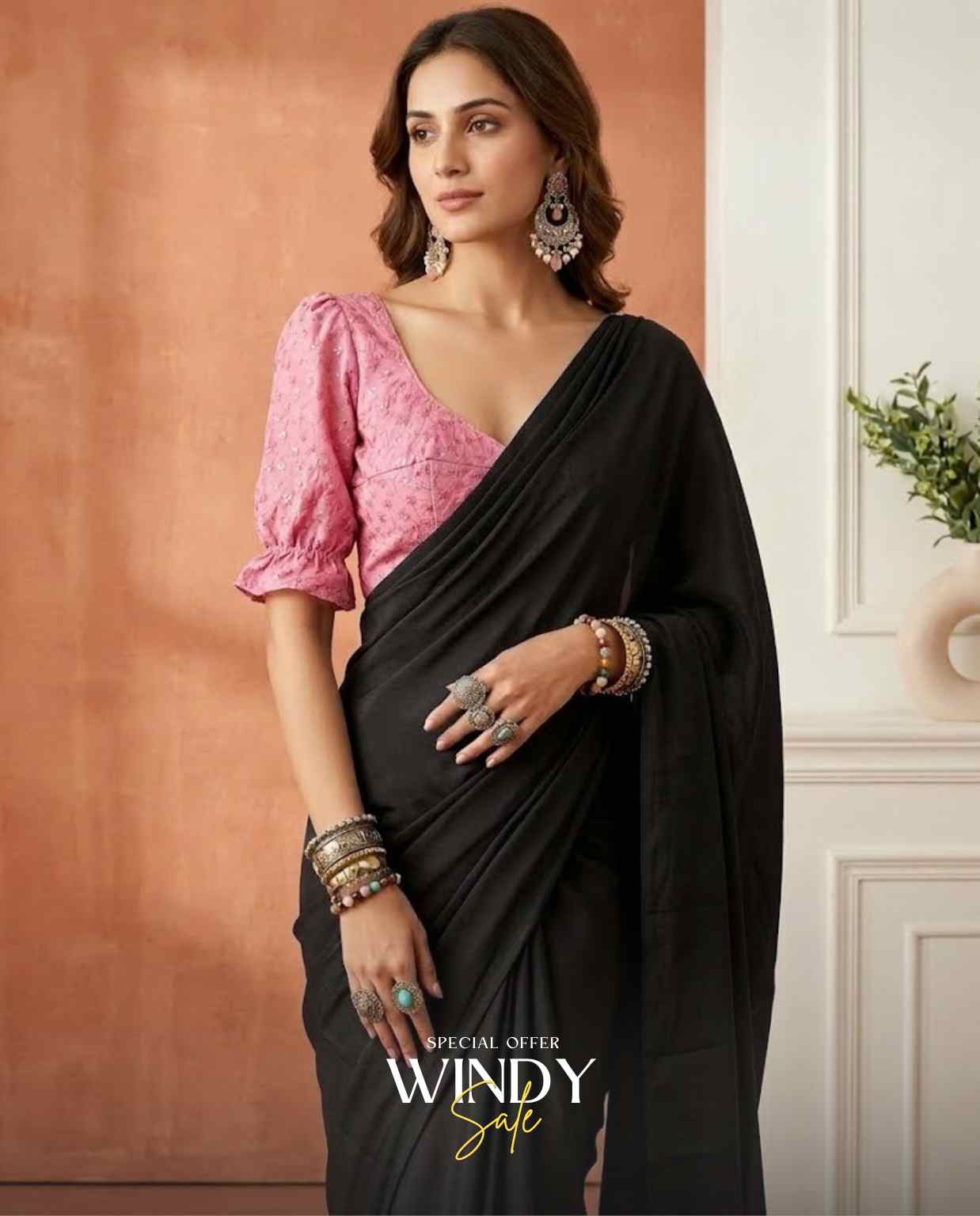 Georgette saree and long puff sleeve jacket - Image 5