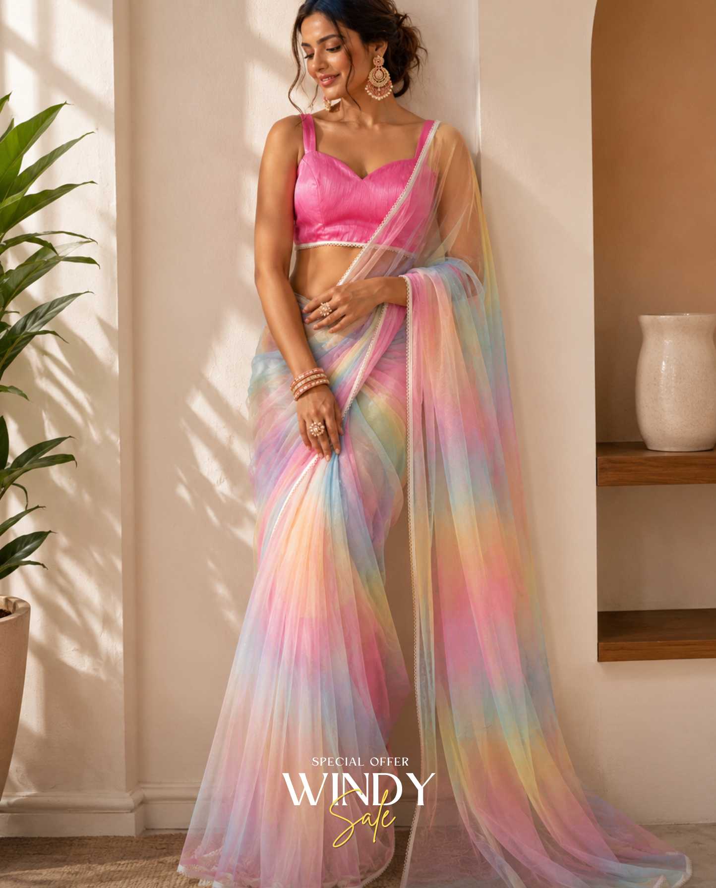 magical Net Rainbow Saree, complete with a perfectly matched jacket. - Image 2