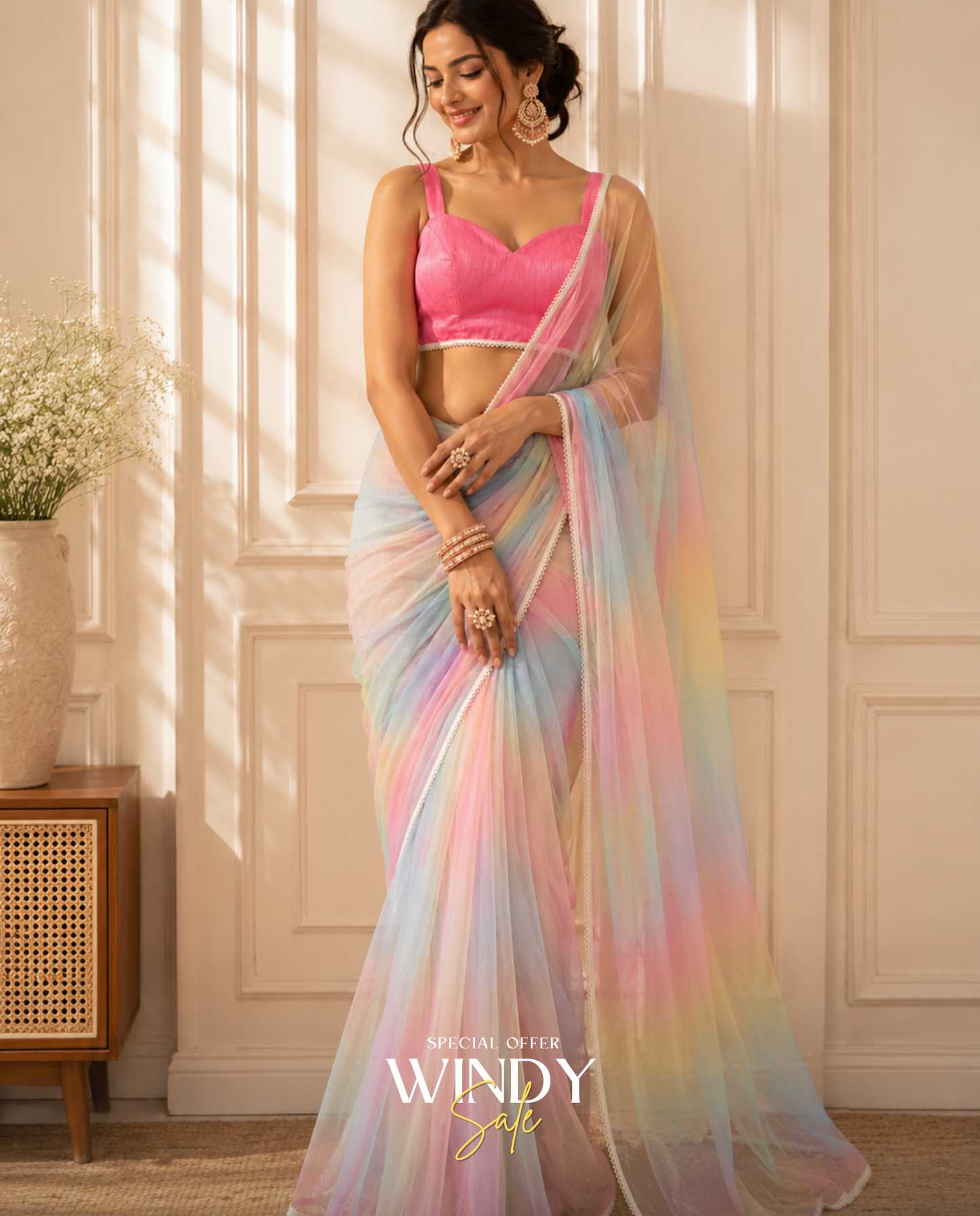 magical Net Rainbow Saree, complete with a perfectly matched jacket. - Image 3