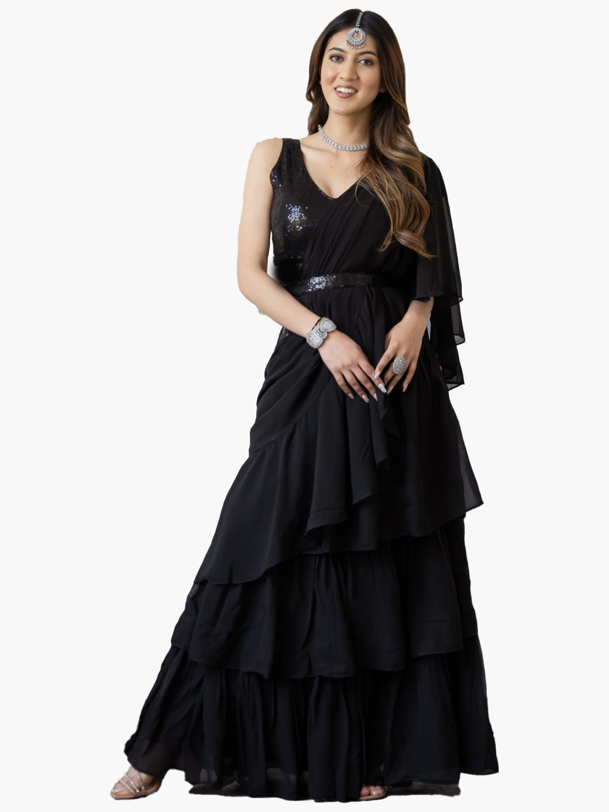 π₯ Add some gorgeous drama to your wardrobe with our stunning Ruffle Saree & Jacket Piece! β¨ - Image 2