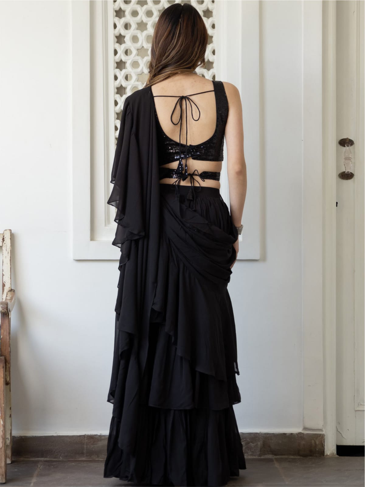 π₯ Add some gorgeous drama to your wardrobe with our stunning Ruffle Saree & Jacket Piece! β¨ - Image 3