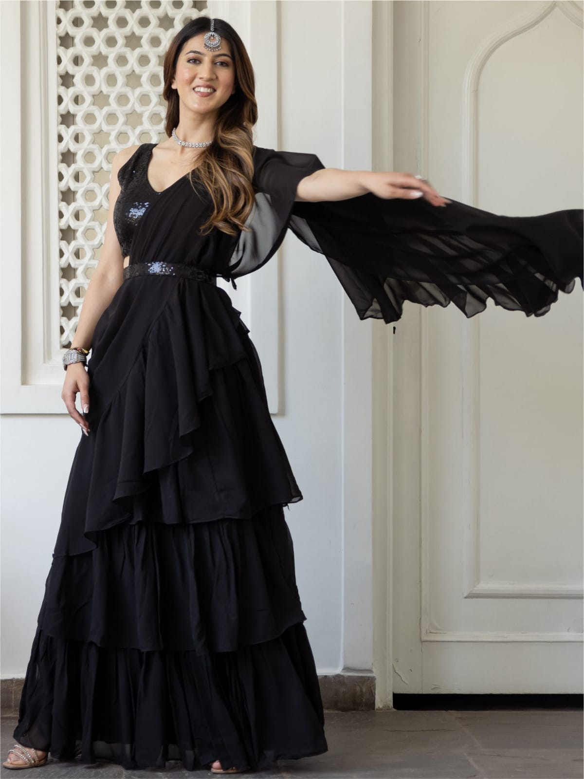 π₯ Add some gorgeous drama to your wardrobe with our stunning Ruffle Saree & Jacket Piece! β¨ - Image 5