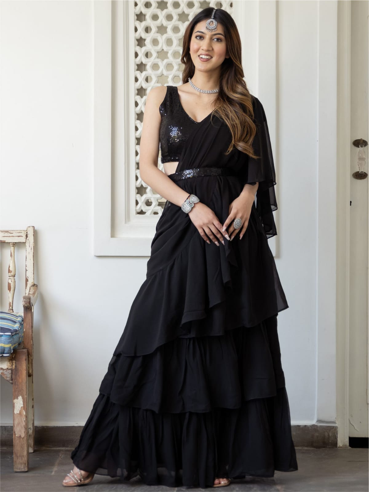 π₯ Add some gorgeous drama to your wardrobe with our stunning Ruffle Saree & Jacket Piece! β¨ - Image 6