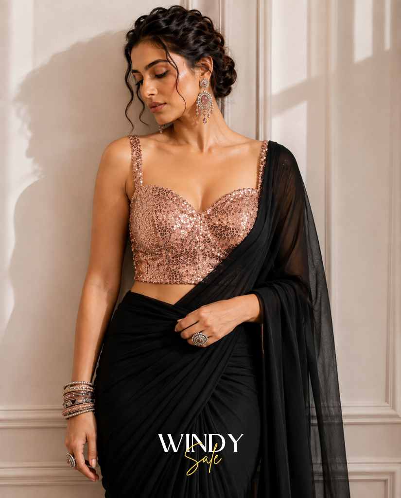 Saree, perfectly paired with a stunning Rose Gold Sequins Jacket.