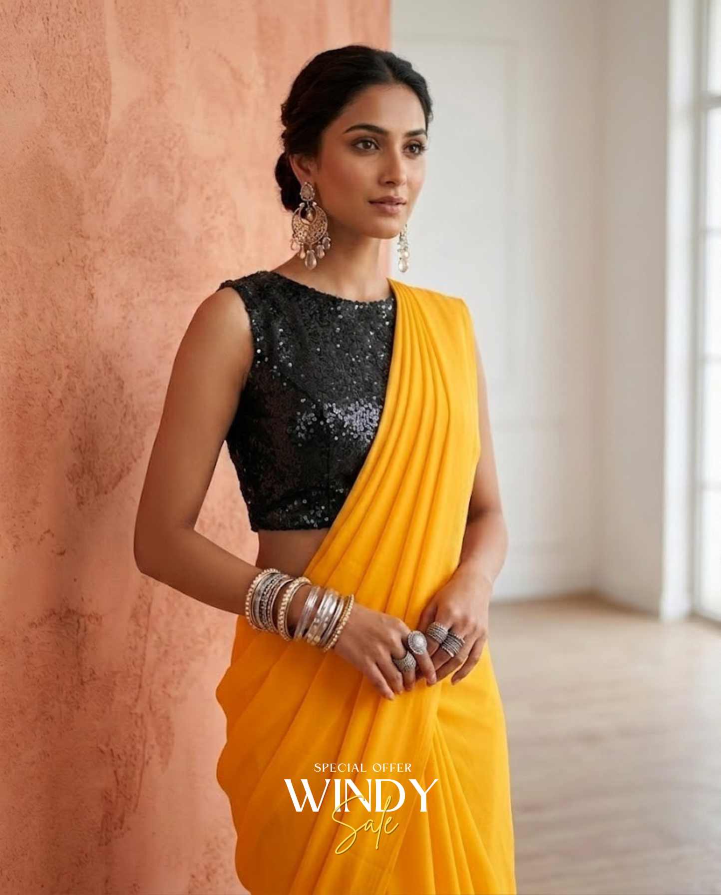 Georgette Saree, perfectly paired with a stunning High Neck Black Sequins Jacket.