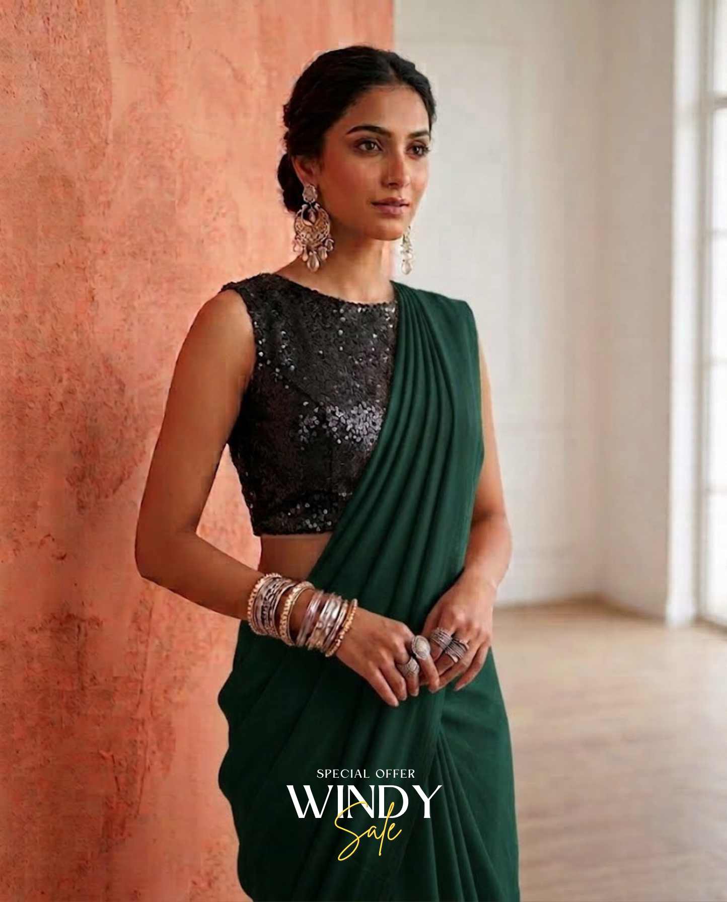 Georgette Saree, perfectly paired with a stunning High Neck Black Sequins Jacket. - Image 3