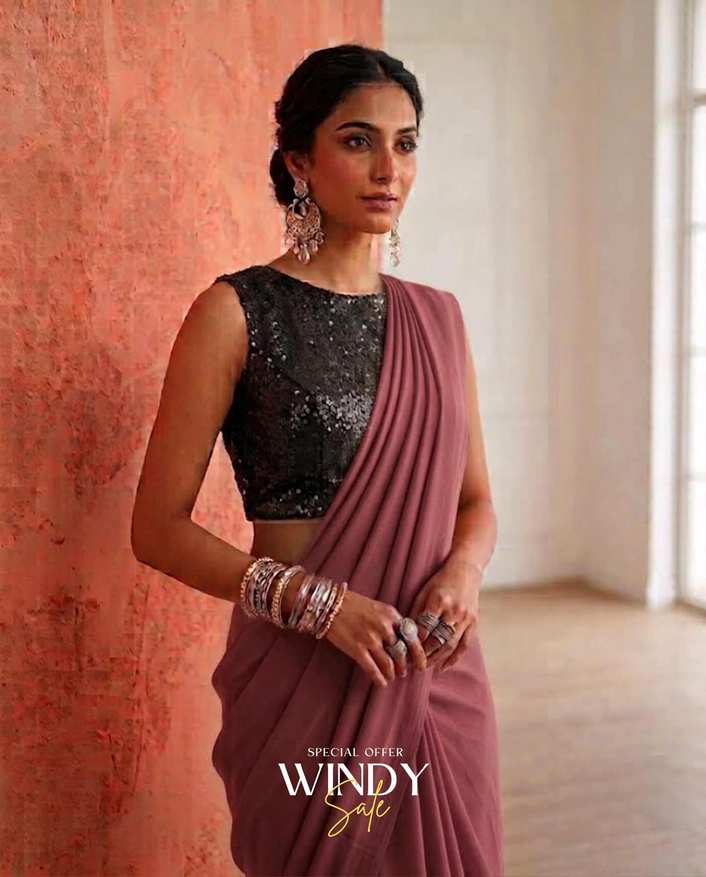 Georgette Saree, perfectly paired with a stunning High Neck Black Sequins Jacket. - Image 5