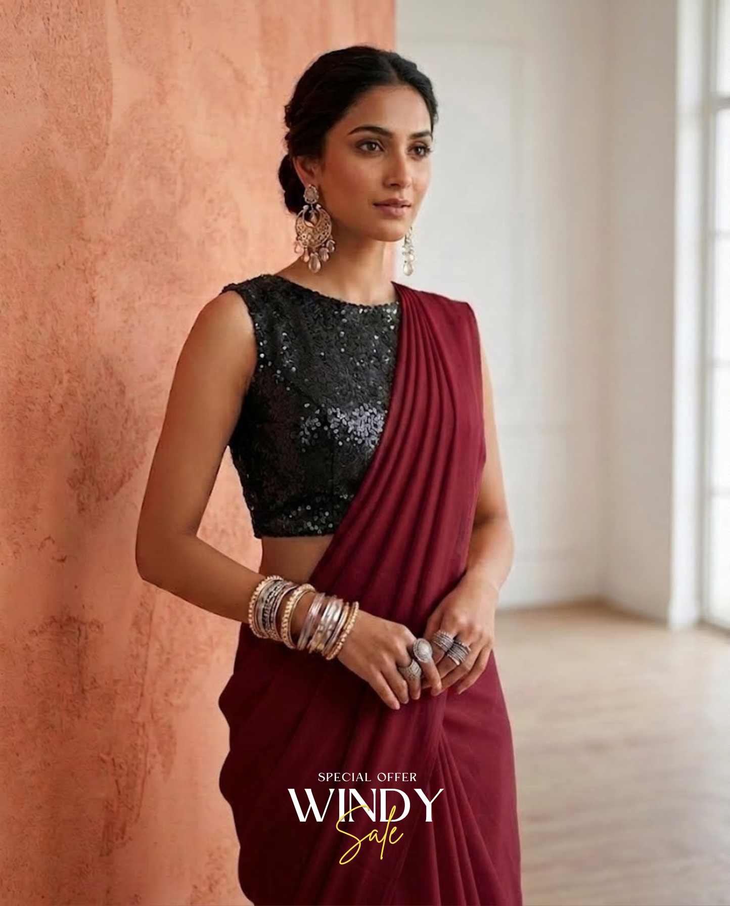 Georgette Saree, perfectly paired with a stunning High Neck Black Sequins Jacket. - Image 6