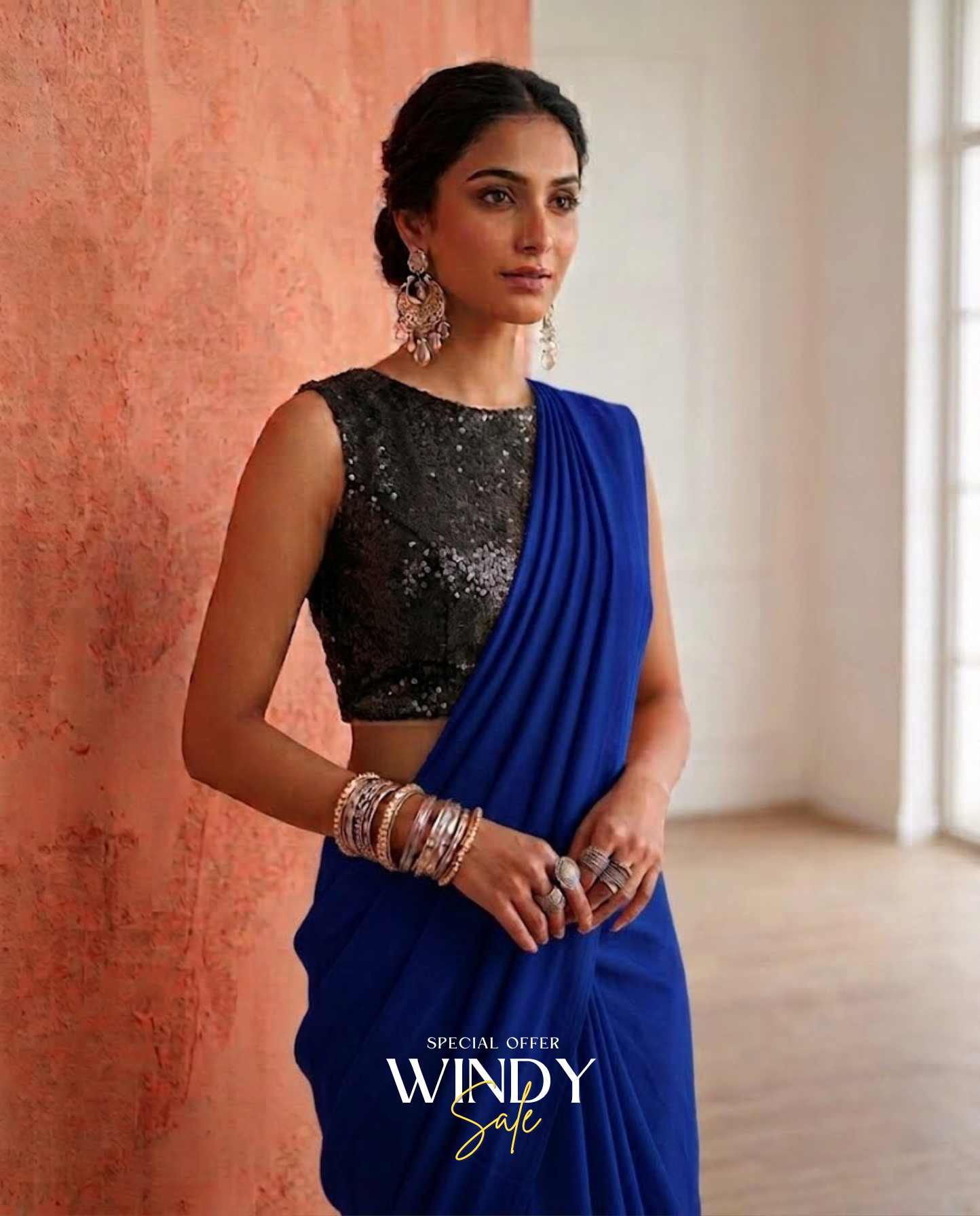 Georgette Saree, perfectly paired with a stunning High Neck Black Sequins Jacket. - Image 7