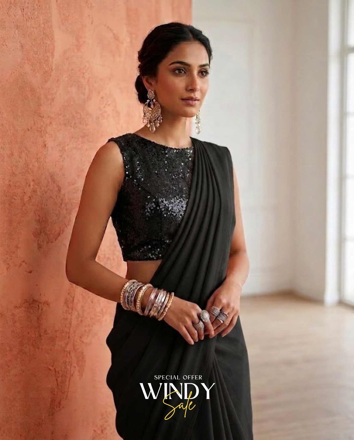 Georgette Saree, perfectly paired with a stunning High Neck Black Sequins Jacket. - Image 8