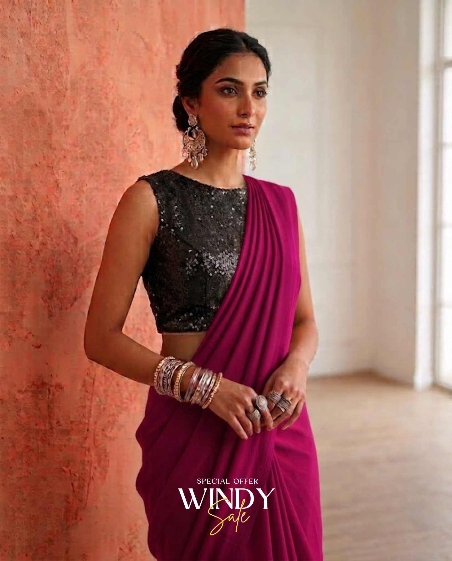 Georgette Saree, perfectly paired with a stunning High Neck Black Sequins Jacket. - Image 9