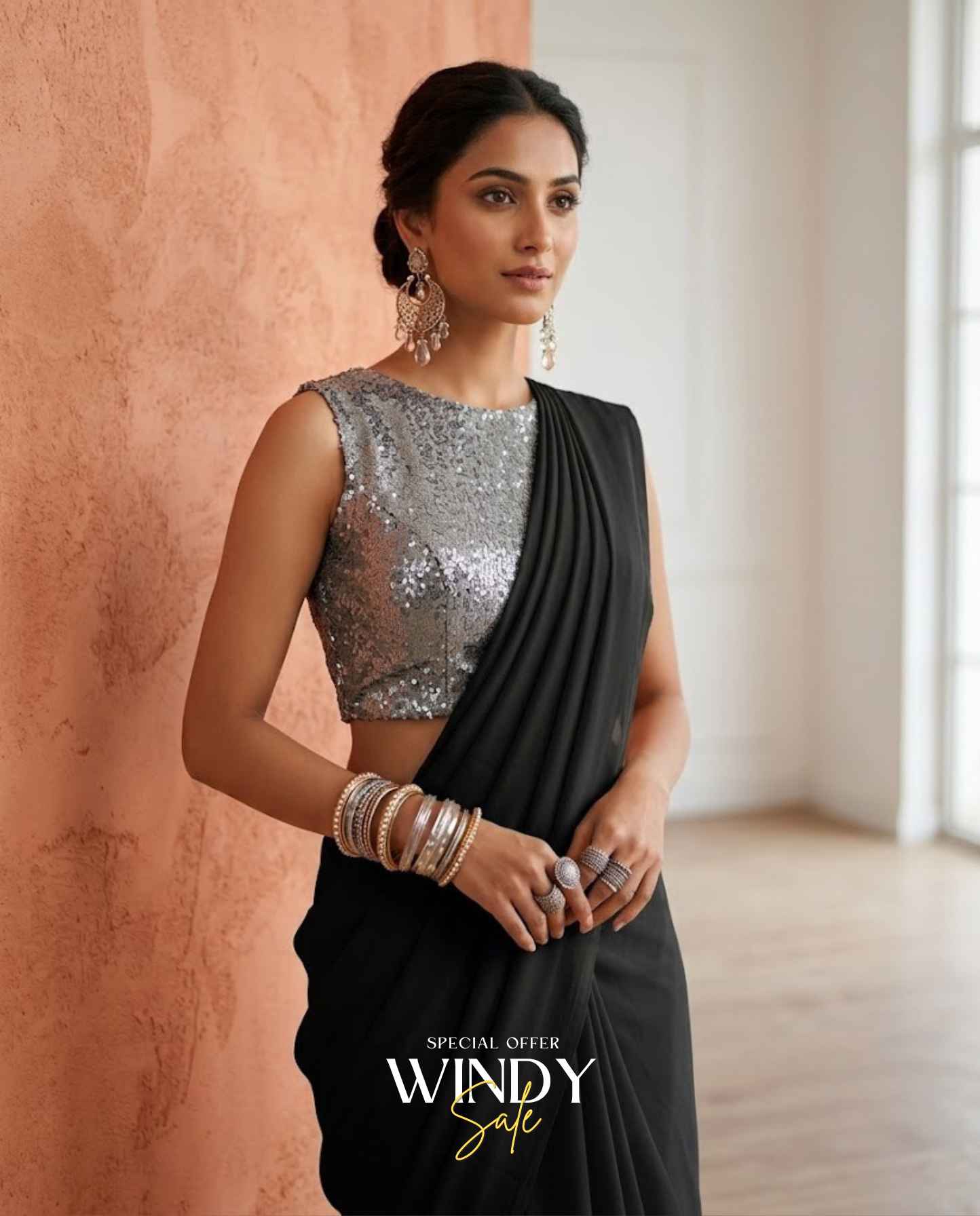 High neck silver sequence saree jacket gogette saree