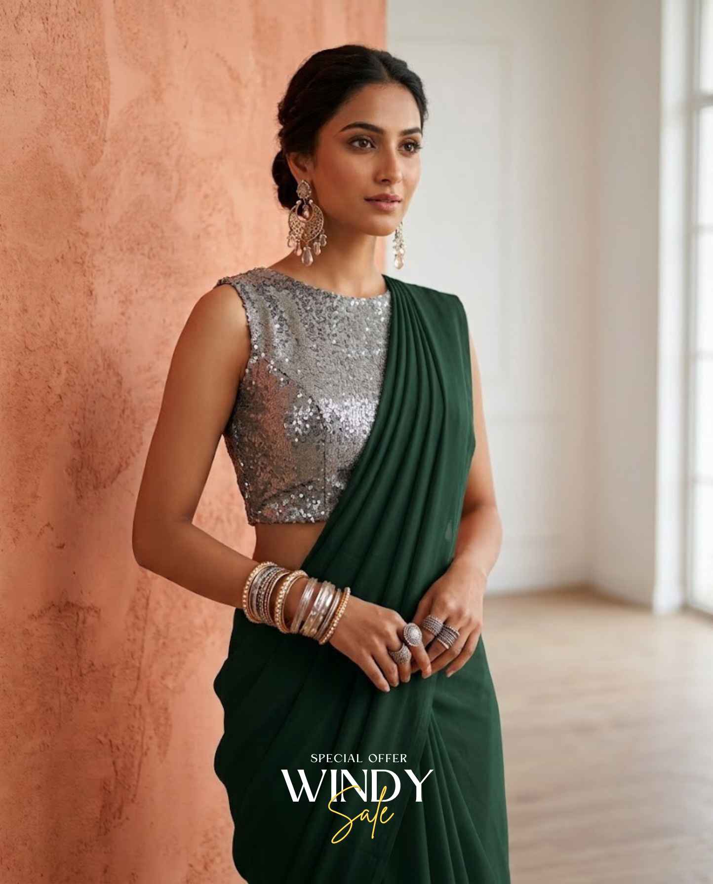 High neck silver sequence saree jacket gogette saree - Image 3