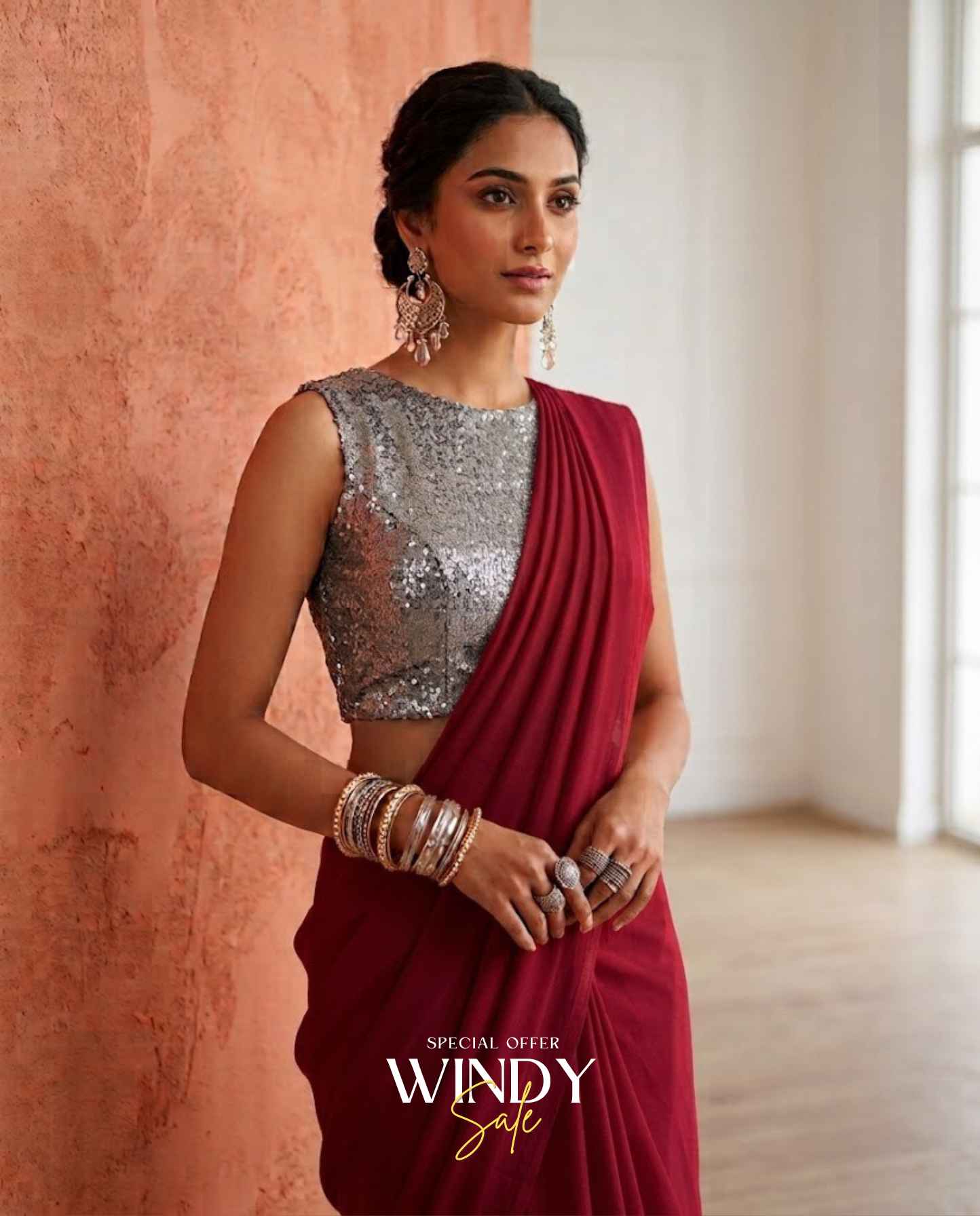 High neck silver sequence saree jacket gogette saree - Image 5
