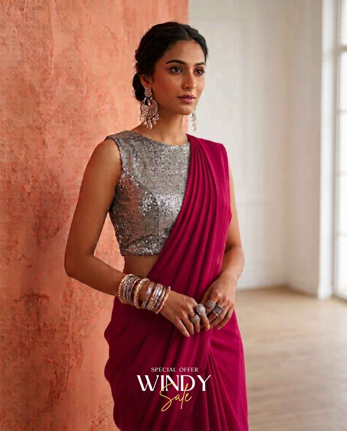 High neck silver sequence saree jacket gogette saree - Image 6
