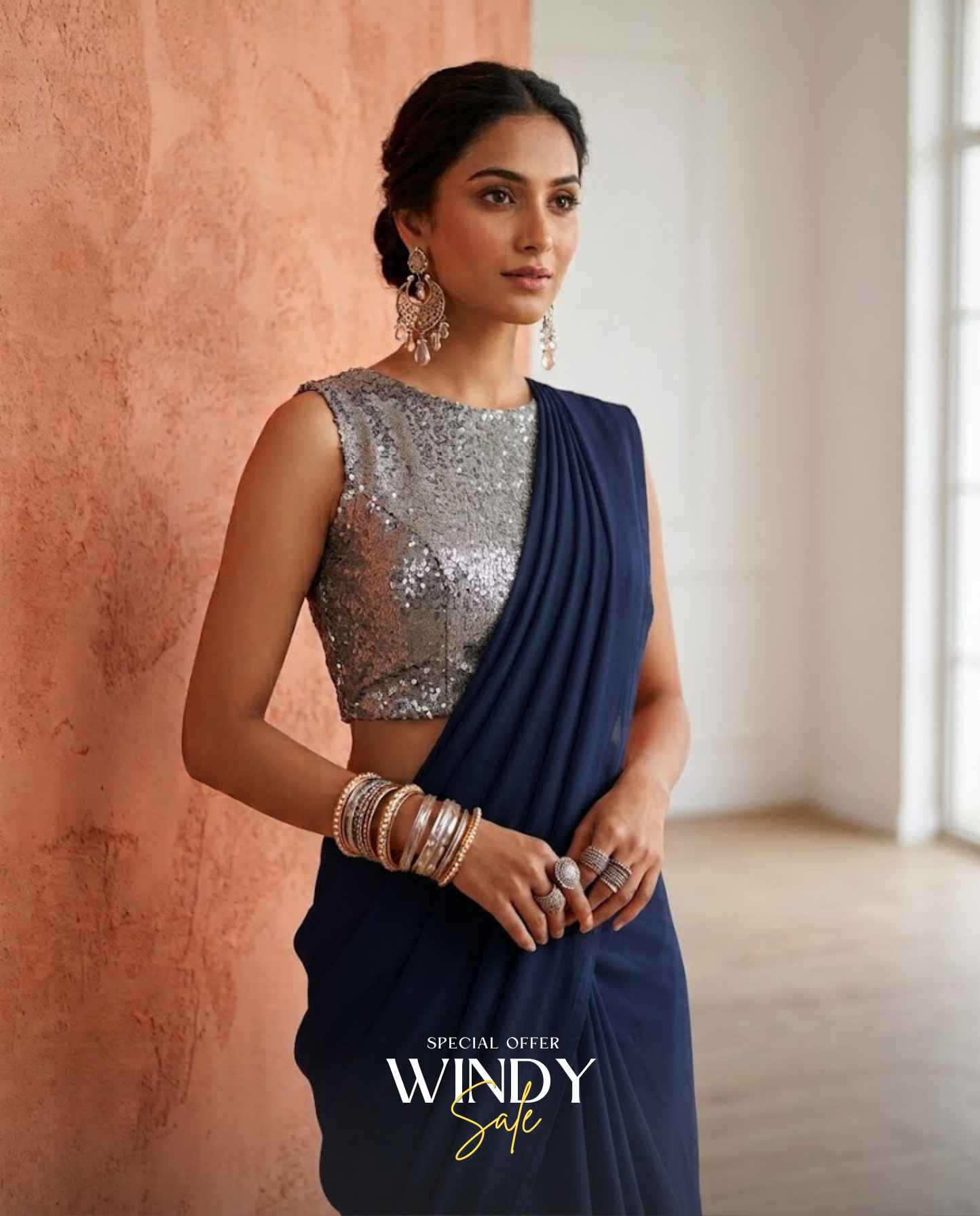 High neck silver sequence saree jacket gogette saree - Image 8